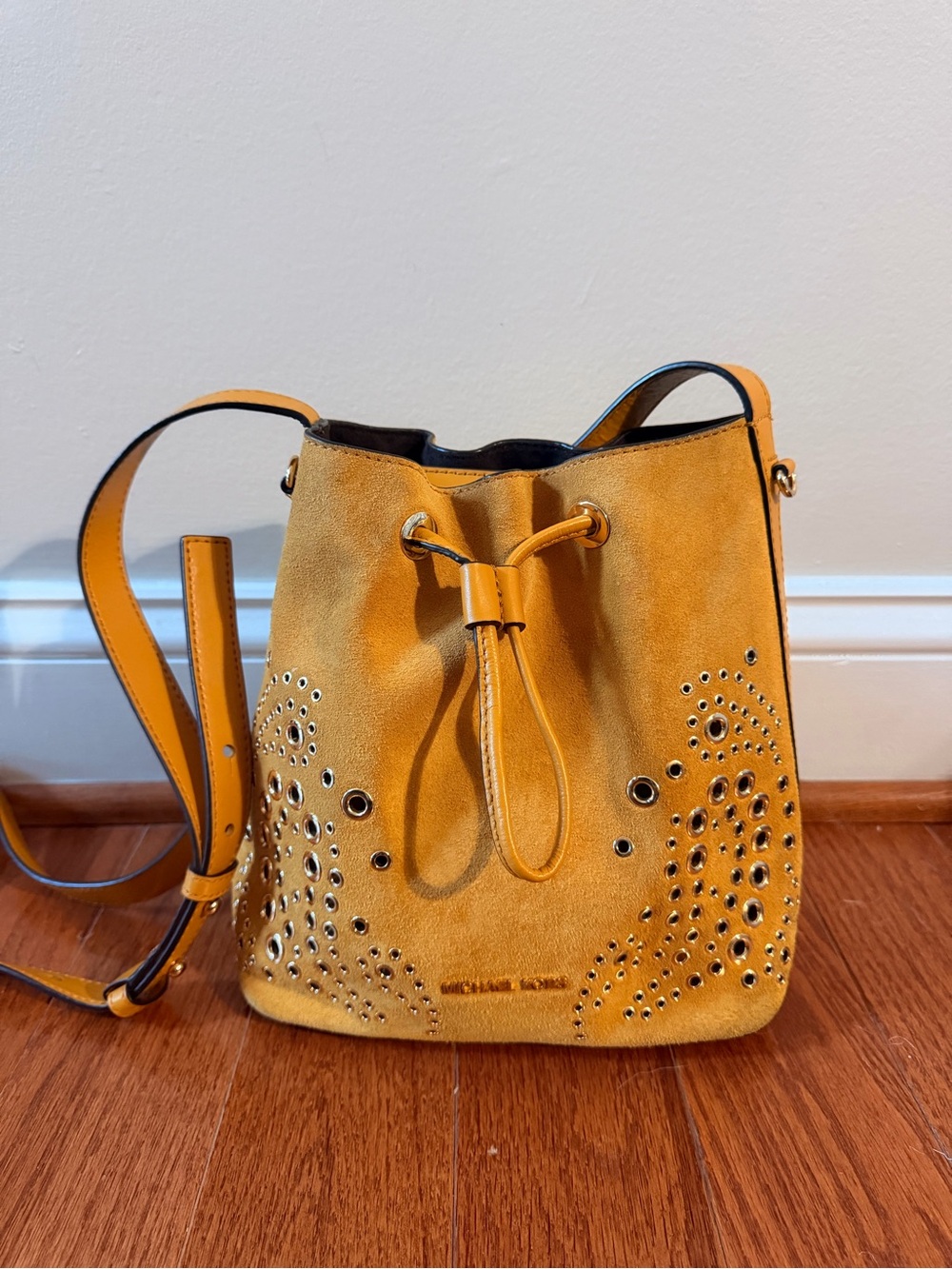 Michael Kors Cary Small Bucket Bag in Marigold Yellow Suede with COA